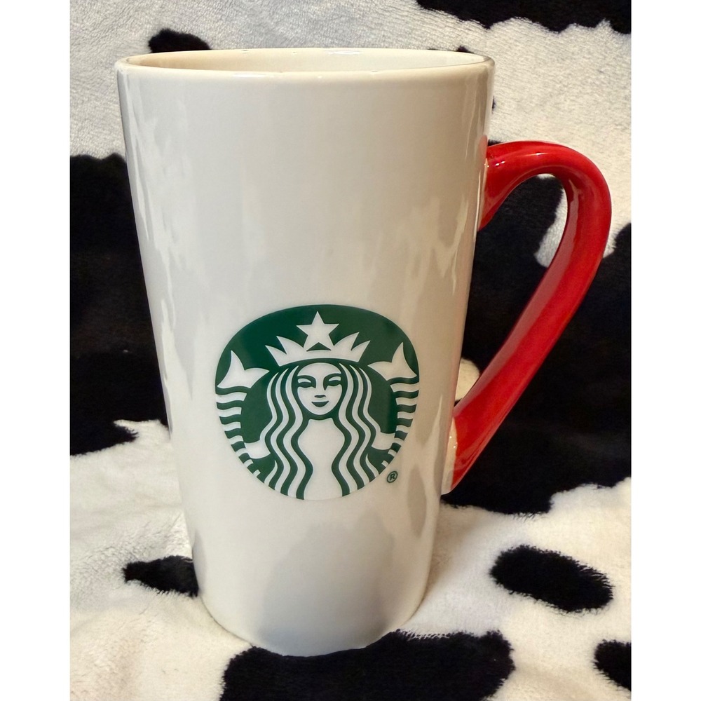 Starbucks 2020 White Ceramic Coffee Mug Green‎ Siren Logo Red Handle 16oz Tall
